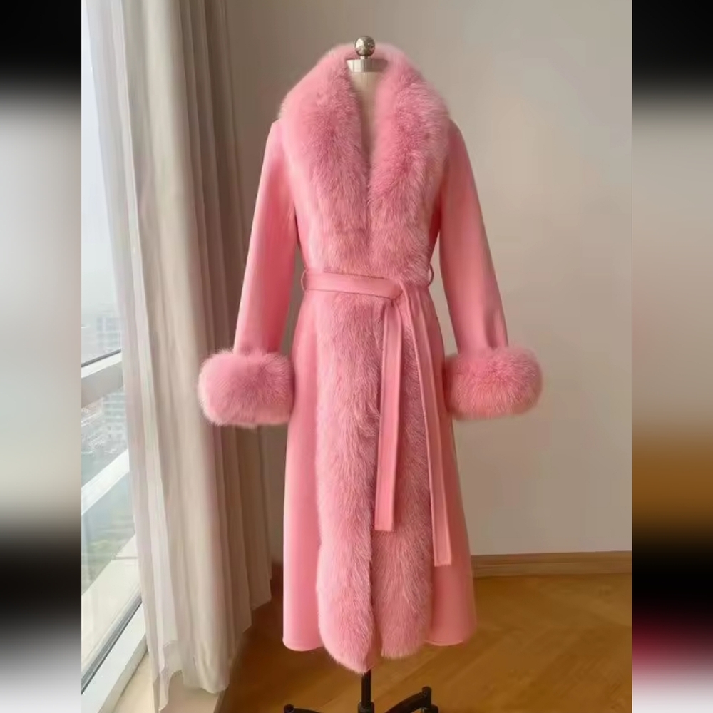 Winter New Women Elegant Solid Faux Fur Collar Woolen Coats Lady Thick Warm Pink - Picture 2 of 6